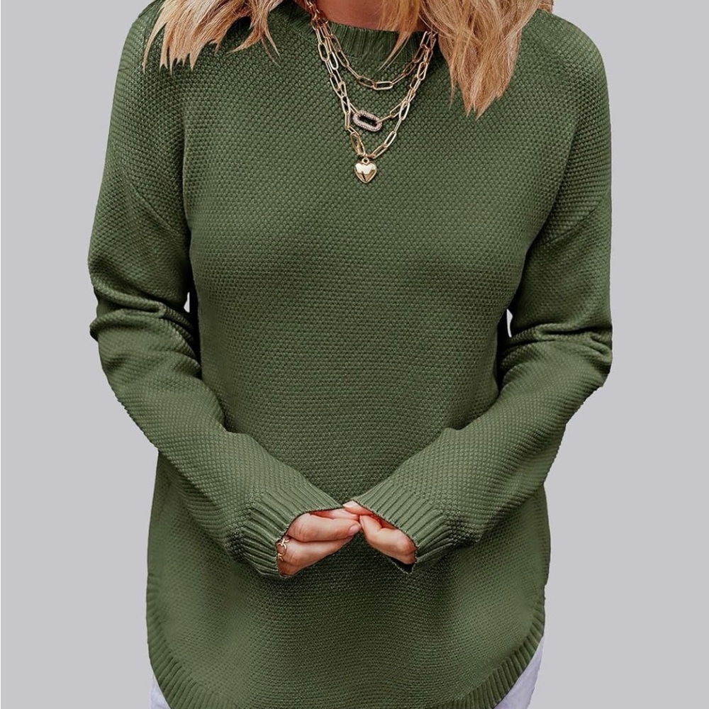 MEROKEETY Olive Green Textured High-low Knit Sweater Medium